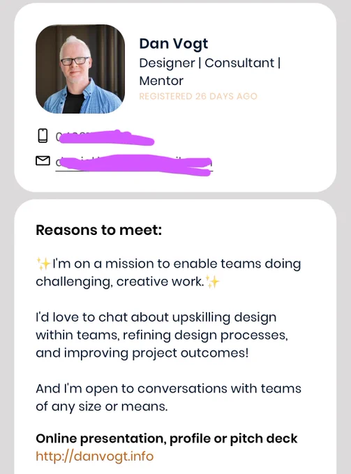 Dan Vogt
Designer | Consultant | Mentor

Reasons to meet:
✨I'm on a mission to enable teams doing challenging, creative work.✨

I'd love to chat about upskilling design within teams, refining design processes, and improving project outcomes!

And I'm open to conversations with teams of any size or means.
Online presentation, profile or pitch deck
http://danvogt.info