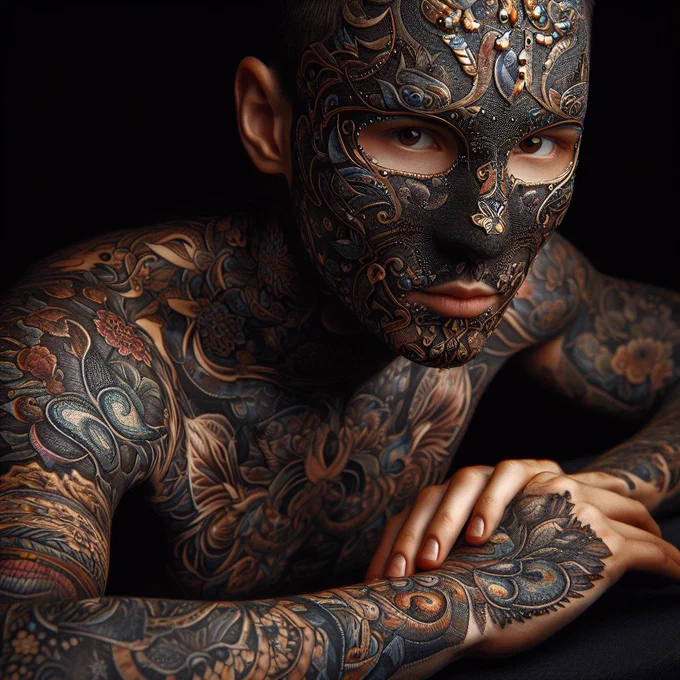 Photograph of a member of a secretive group that decorates the skin of their entire body with Cloisonné art tattoos so realistic, they look like they ready are coated in Cloisonné.
