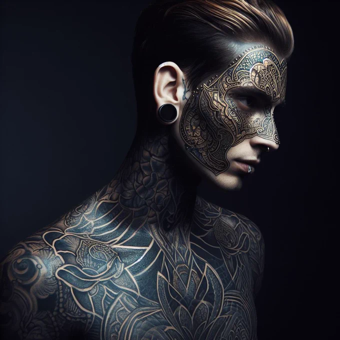 Photograph of a member of a secretive group that decorates the skin of their entire body with Cloisonné art tattoos so realistic, they look like they ready are coated in Cloisonné.