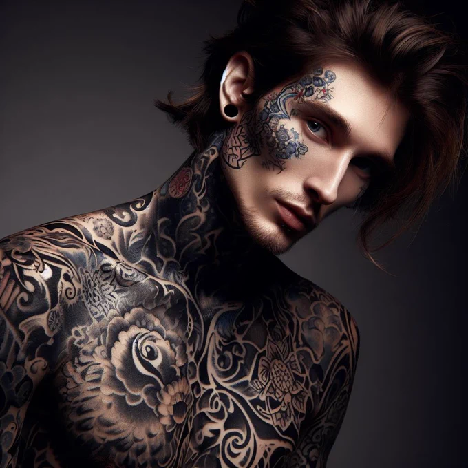 Photograph of a member of a secretive group that decorates the skin of their entire body with Cloisonné art tattoos so realistic, they look like they ready are coated in Cloisonné.
