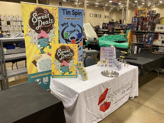 A surprisingly fun booth setup to sell Sweet Deals and Tin Spin!