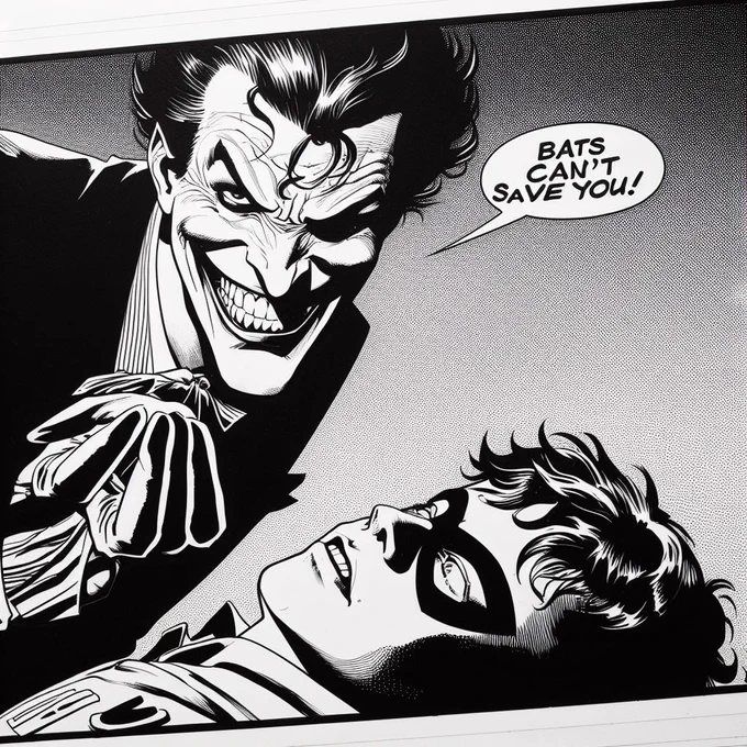 create a black and white comic book panel with a close up of the Joker towering over Robin lying on the ground. Include a comic bubble over his head saying "Bats can't save you!"