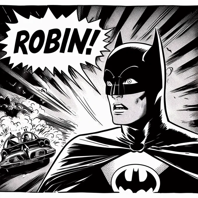 Create a black and white comic book panel with Batman standing looking panicked and afraid in front of his Batmobile in a dramatic way. Include a bubble above his head saying "ROBIN!"