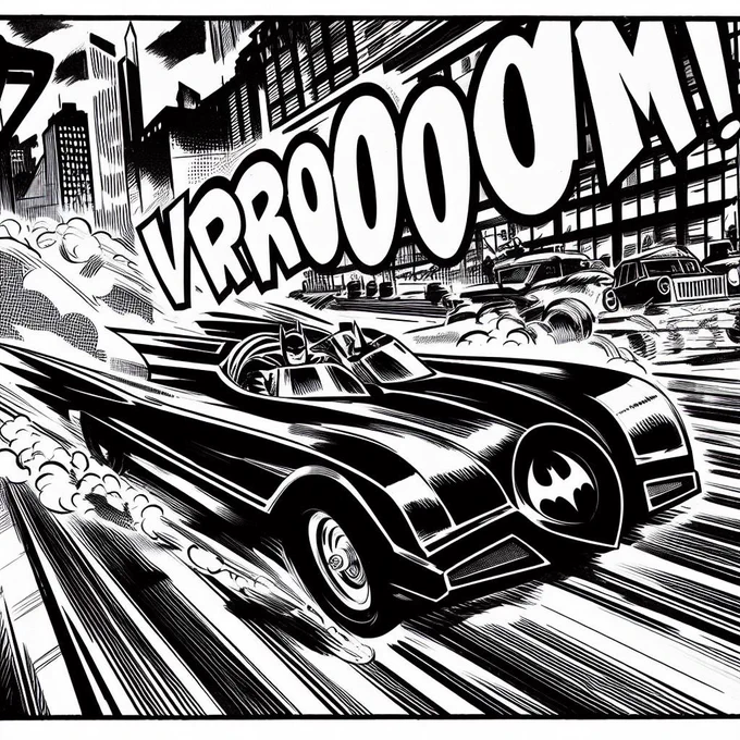 create a black and white comic book panel with the Batmobile whizzing away through the streets of Gotham in a dramatic way. Include a dramatic sound effect text saying "VROOOOOOM"