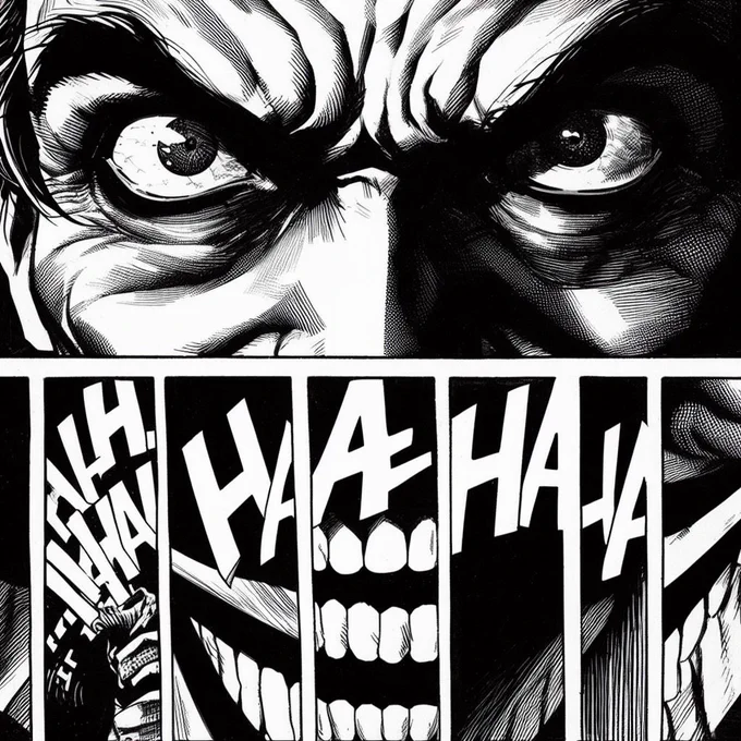 create a black and white comic book panel with a close up of the Joker's eyes. Include a dramatic sound effect text saying "HAHAH"