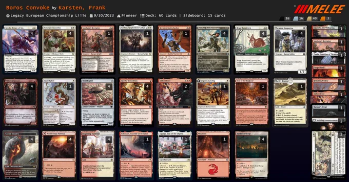 Deck
4 Battlefield Forge
4 Inspiring Vantage
4 Needleverge Pathway
4 Sacred Foundry
1 Shefet Dunes
1 Den of the Bugbear
1 Mountain
4 Thraben Inspector
4 Voldaren Epicure
4 Venerated Loxodon
4 Knight-Errant of Eos
4 Regal Bunnicorn
4 Resolute Reinforcements
4 Gleeful Demolition
4 Ornithopter
2 Embercleave
1 Adeline, Resplendent Cathar
1 Sokenzan, Crucible of Defiance
1 Giant Killer
1 Legion's Landing
1 Eiganjo, Seat of the Empire
1 Reckless Bushwhacker
1 Imodane's Recruiter

Sideboard
3 Forge Devil
3 Rending Volley
2 Wedding Announcement
2 Invasion of Gobakhan
1 Embercleave
1 Tormod's Crypt
1 Jegantha, the Wellspring
1 Thalia, Guardian of Thraben
1 Imodane's Recruiter