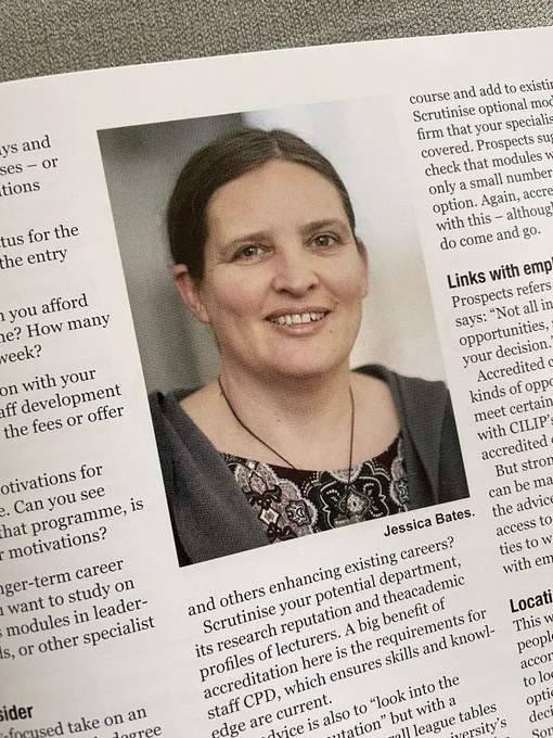 Photo of a partial page from the September issue of Information Professional magazine, features a photo of Dr Jessica Bates from an article about accredited library post grad courses.