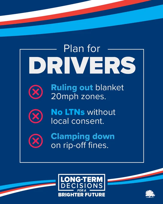 Graphic that reads: Plan for drivers:

X Ruling out blanket 20mm zones 

X No LTNs without local consent 

X Clamping down on rip-off fines 

Long-term decisions for a brighter future.
