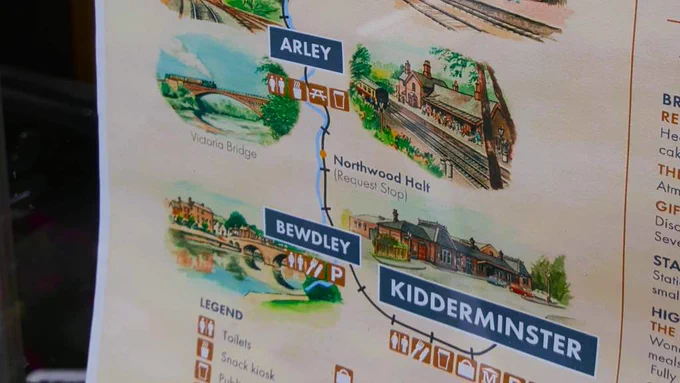 close up of the line map of the Severn Valley Railway. It goes from Kidderminster, to Bewdley, Arley and then up to Bridgenorth. 