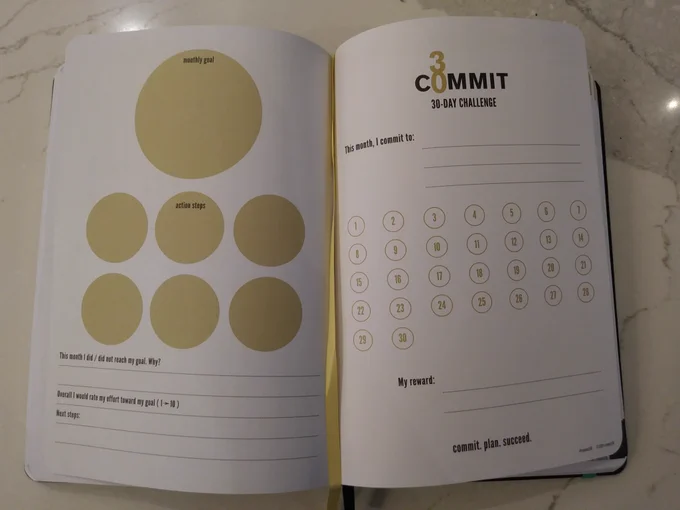 Planner goal pages for Oct 2023.
Left side:
Monthly goal
Action steps
This month I did/did not reach my goal. Why?
Overall I would rate my effort toward my goal (1-10)
Next steps
Right side:
Commit30 30-day challenge
This month, I commit to:
(30 bubbles to fill in or check off when you make your goal each day)
My reward:
commit. plan. succeed.
