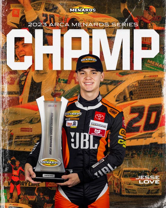2023 ARCA Menards Series champion Jesse Love poses with the championship trophy.