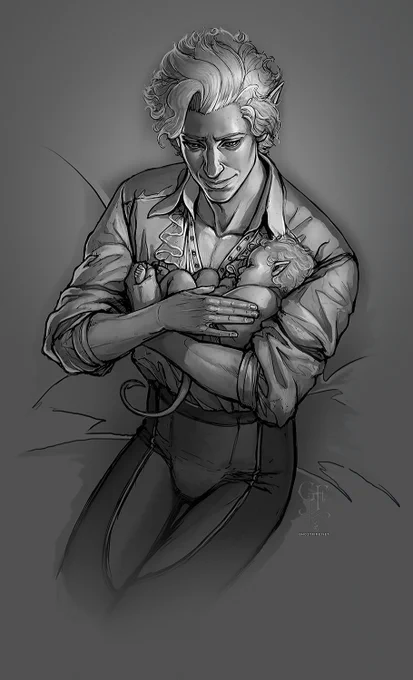 Greyscale sketch of Astarion from Baldur's Gate 3 holding a baby tiefling