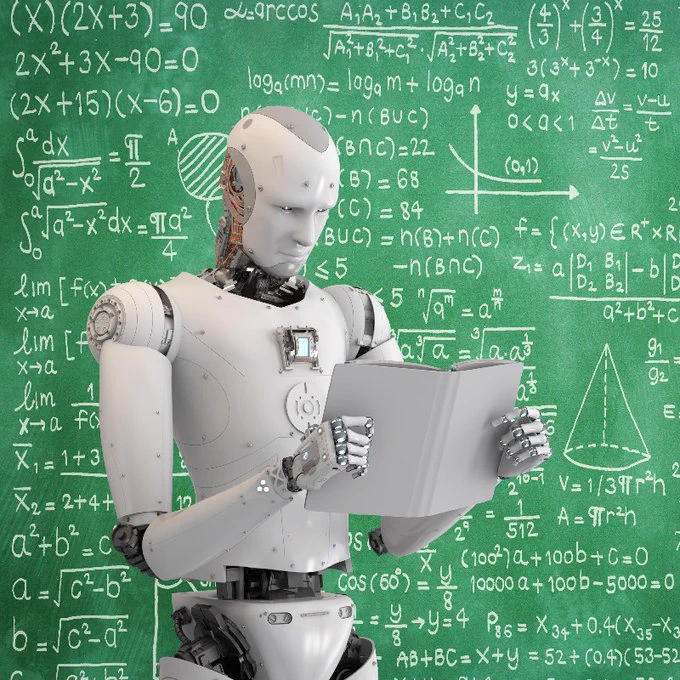 The rendering of a humanoid robot with a white covering and a male-looking face. The robot is standing in from of a green blackboard with mathematical formulas. It is holding a book that is as white as the robot.