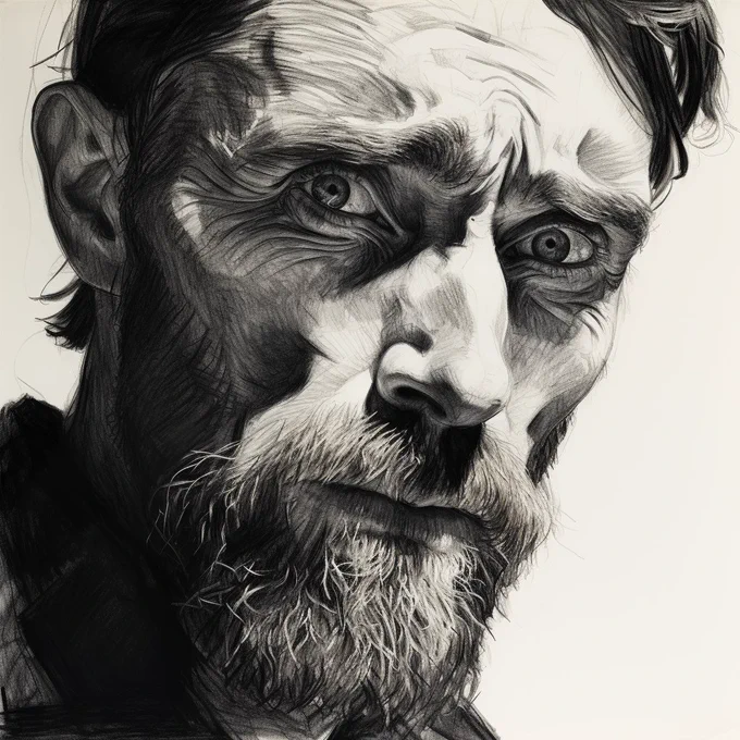 charcoal sketch art, Van Gogh face Portrait, hand drawn, thick strokes --v 5.2