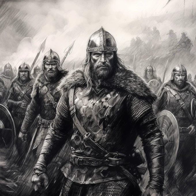 charcoal sketch art, Vikings in the middle of the battlefield in Norway, hand drawn, thick strokes --v 5.2 