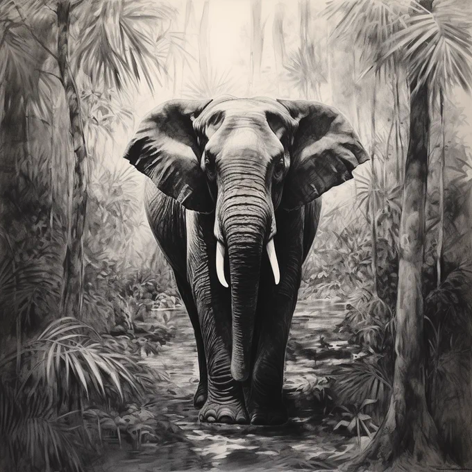 charcoal sketch art, elephant on Thailand jungle, hand drawn, thick strokes --v 5.2