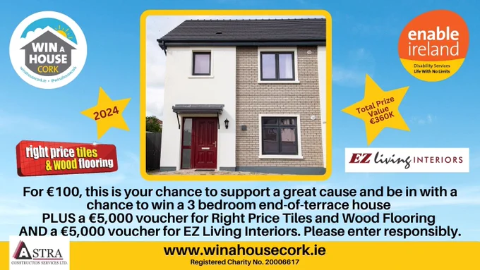Image of a house with logos of Win A House Cork, Enable Ireland, Astra Construction, Right Price Tiles and Wood Flooring and EZ Living Interiors stating prize value €360,000.