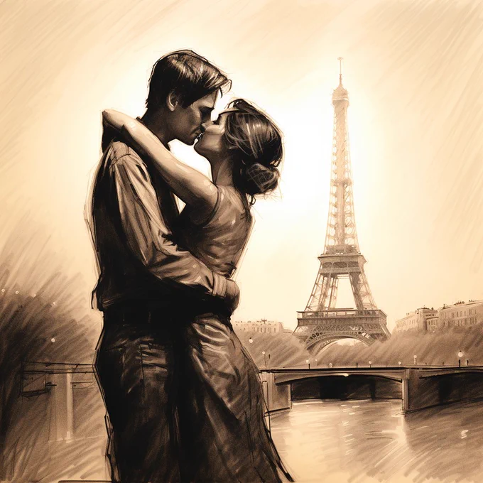 charcoal sketch art, Couple kissing with the eiffel tower behind at sunset, full lenght portrait, hand drawn, thick strokes --v 5.2