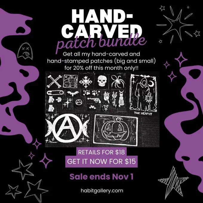 hand-carved patch bundle. get ask my hand carved and hand stamped patches (big and small) for 20% off this month only!! retails for $18, get it now for $15. sale ends Nov 1. habitgallery.com