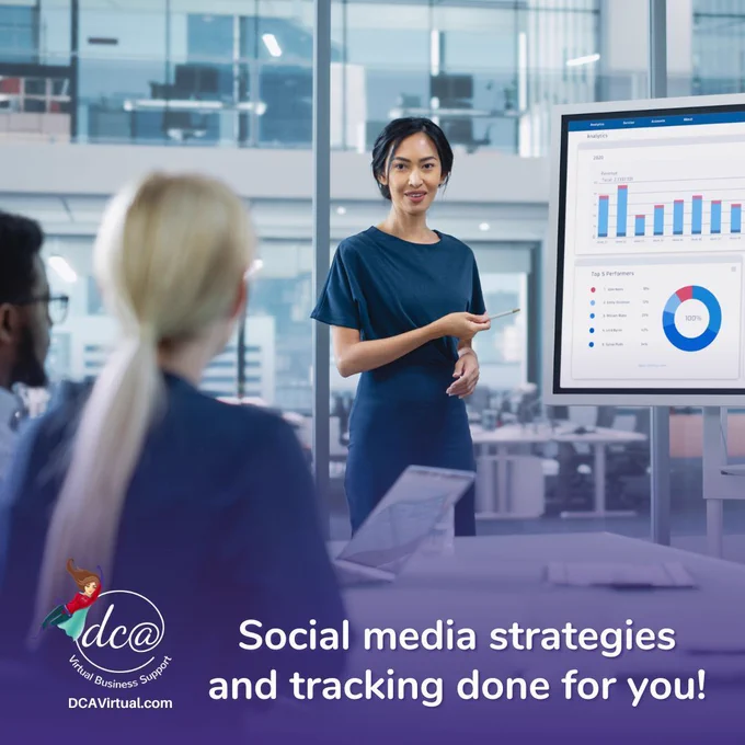 Social media strategies and tracking done for you! Image of a woman pointing at a board of stats and graphs in front of coworkers during a meeting in an office building conference room. DCA Virtual Business Support DCAVirtual.com