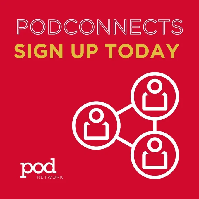 Red square with text that reads POD connects sign up today, an icon with three people icons connected together as a network, and the POD Network logo