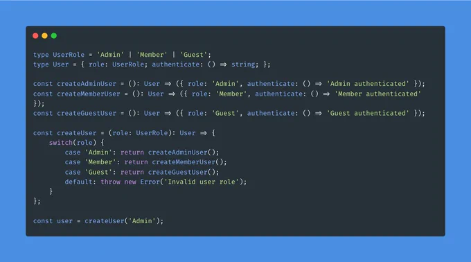 Creating a user implementing the Factory pattern using typescript