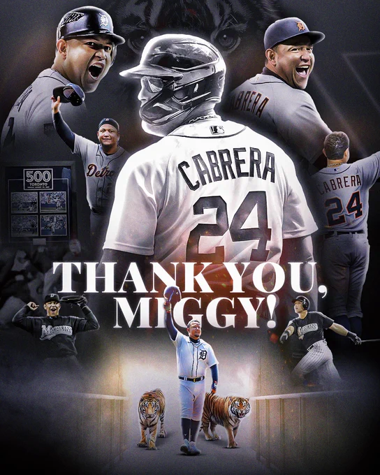 Thank you Miggy!
Pictured: Various cutouts of Miguel Cabrera from moments on the Detroit Tigers and Florida Marlins. In the below cutout, he walks off tipping his cap to the crowd with two tigers.