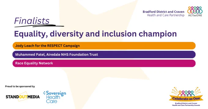 Illustration of a star in the background. Text says: Finalists. Equality, diversity and inclusion champion.

Jody Leach for the RESPECT Campaign
Muhammed Patel, Airedale NHS Foundation Trust
Race Equality Network
