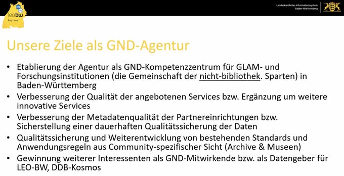 Screenshot: Ausschnitt aus der Slide “Unsere Ziele als GND-Agentur”