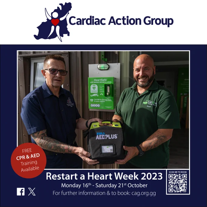 An advert promoting Restart a Heart Week 2023 - taking place from Monday 16th October - Saturday 21st October. Free CPR & AED training is available throughout the week - details at cag.org.gg