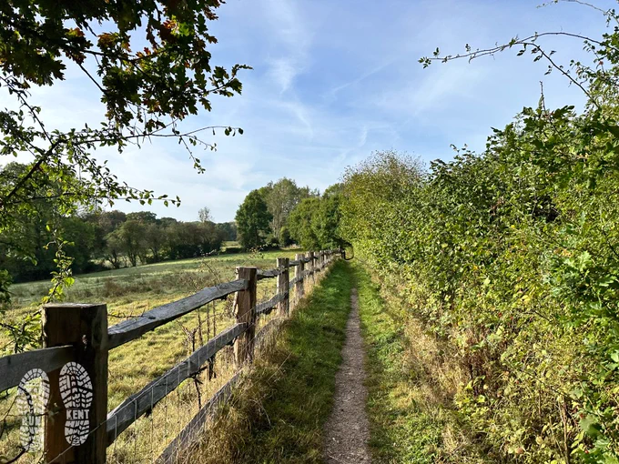 Narrow footpath with a lush green hedge to the right and a wooden fence to the left on a beautiful autumnal day in Kent