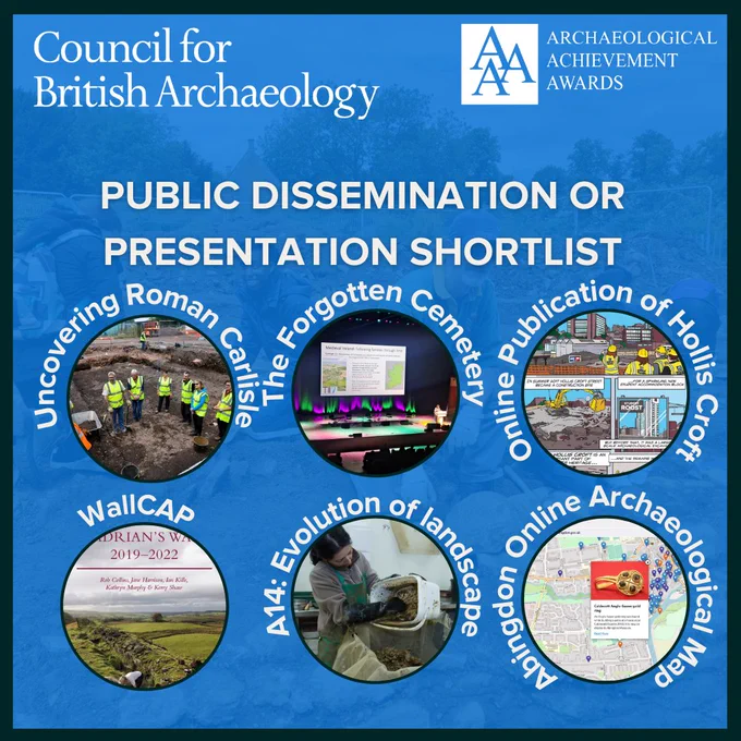 A blue square with the title 'Public Dissemination or Presentation Shortlist' and images of the six shortlisted nominations: Uncovering Roman Carlisle, The Forgotten Cemetery, Online Publication of Hollis Croft, WallCAP, A14: Evolution of landscape, and Abingdon Online Archaeological Map. The background image depicts a group of people digging in a trench. 
