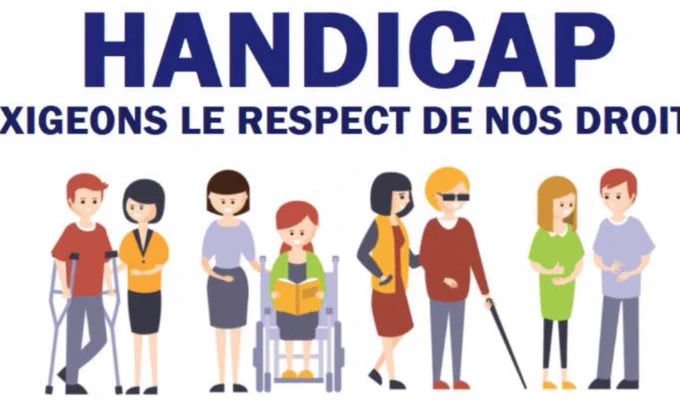 Handicap : exigeons le respect de nos droits 
Plusieurs personnages avec des handicaps différents comme béquilles, fauteuil, visuel…