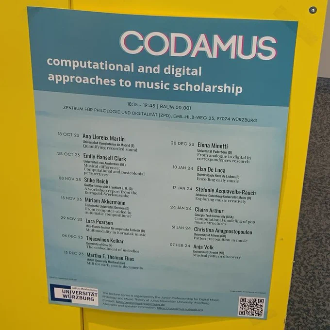 Poster for the lecture series CODAMUS: computational and digital approaches to music scholarship. Visit: http://codamus.pubpub.org/