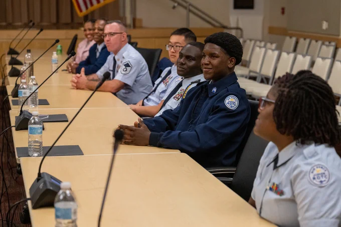ROTC cadets from Bibbs School in Georgia listen to Brig. Gen. Terrence Adams regarding the value or service while reflecting on his military journey. 