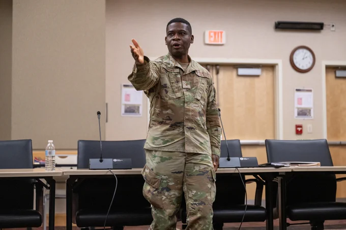 ROTC cadets from Bibbs School in Georgia listen to Brig. Gen. Terrence Adams regarding the value or service while reflecting on his military journey. 