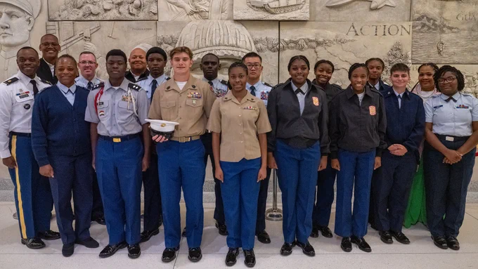 ROTC cadets from Bibbs School in Georgia listen to Brig. Gen. Terrence Adams regarding the value or service while reflecting on his military journey. 