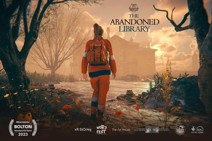 A young woman in a high vis outfit and carrying a rucksack walks across a barren flooded landscape towards an abandoned Victorian building. The image is framed by two bare trees and there are red and white flowers and piles of books in the foreground. The sky is cloudy and ominous. 