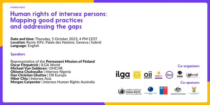 The image is surrounded by a frame in the colour of the intersex pride flag and mentions the date, location, language, and speakers 
of the HRC54 side event: 'Human rights of intersex persons: mapping good practices and addressing the gaps'
