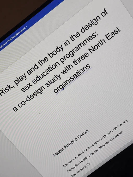 Screenshot that says "Risk, play and the body in the design of sex education programmes: a co-design study with three North East organisations"