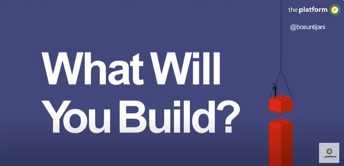 Slide by the Nigerian Minister of Communications, Innovation and the Digital Economy. It shows a picture of a set of lego bricks being made into a platform and reads "What Will You Build?"