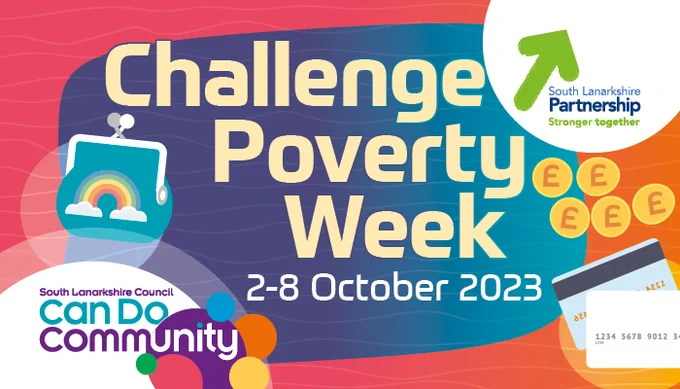 Challenge Poverty Week 2-8 October 2023. Can Do Community. Animated image of a coin purse with a rainbow on the front and bank cards.