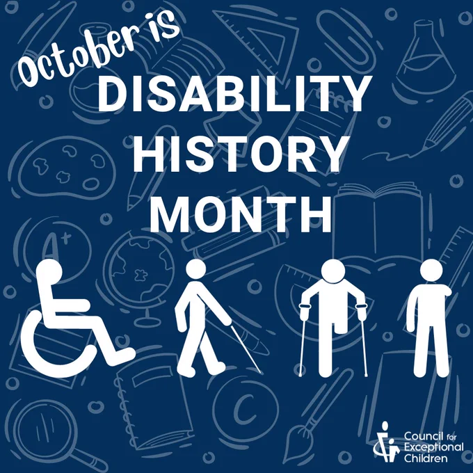 Dark blue graphic with a light colored repeating school supply background. There are four graphics of people with disabilities: a person in a wheelchair, a person with a mobility cane, a person on crutches with one leg, and a person with an arm limb difference.