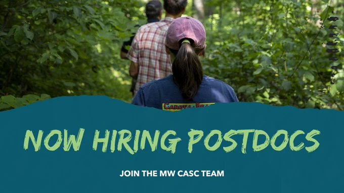 Line of people walking through a forest. Text reads "now hiring postdocs. join the MW CASC team." 
