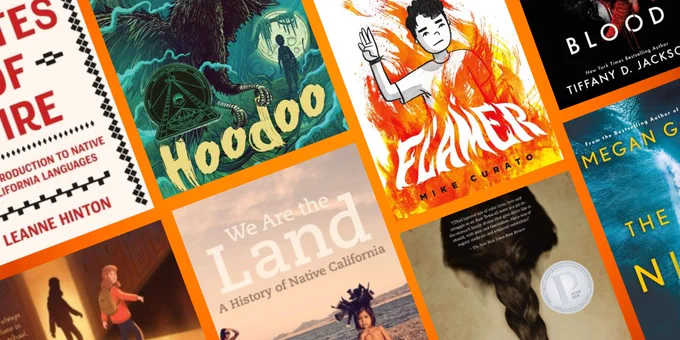 Covers of books recommended by staff over an orange background.