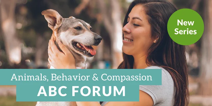 A woman holds and looks at her pet dog, with text overlayed that reads "Animals, Behavior & Compassion: ABC Forum" and "New Series" 