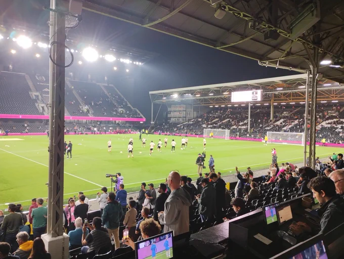 Photo of the Fulham players warming up on the pitch before the game 