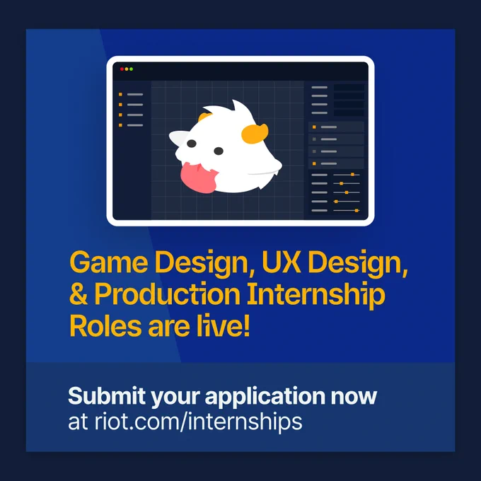 A graphic with a Poro inset within a game design edit window, with a call to action about Game Design, UX Design & Production Internship roles being live on our internship website.