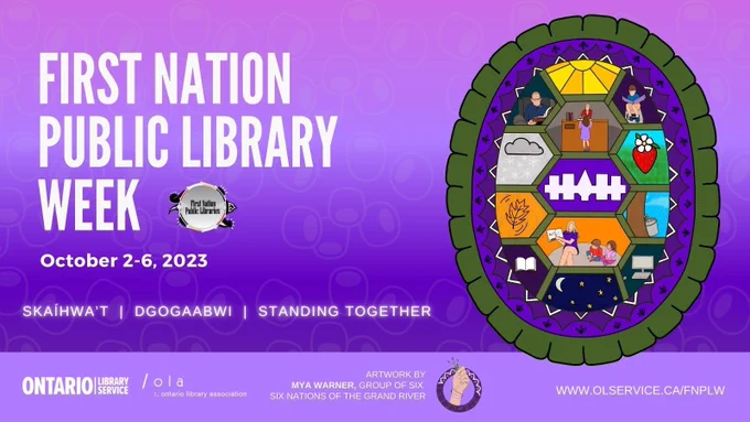 First Nation Public Library Week graphic with imagery by Mya Warner (Six Nations of the Grand River). Text reads: “First Nation Public Library Week. October 2-6, 2023.”