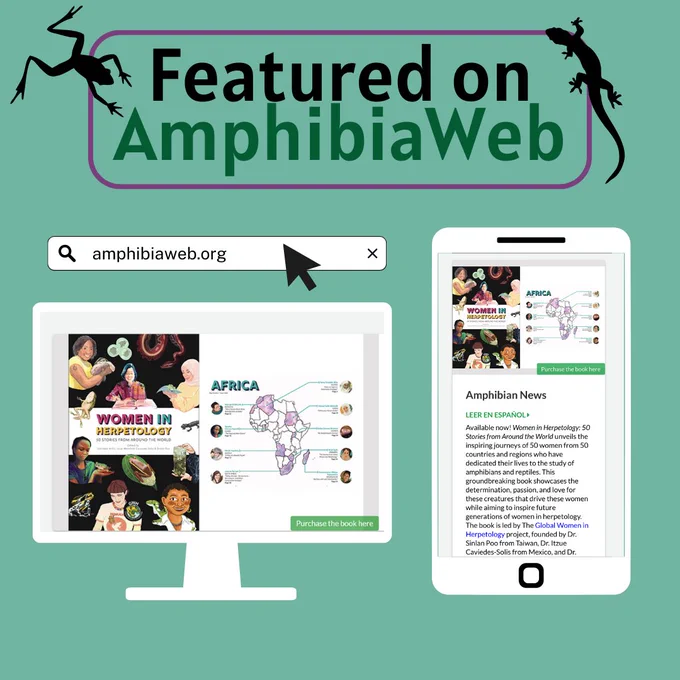 A graphic depicting a computer and a cell phone both containing a screenshot from the AmphibiaWeb homepage.